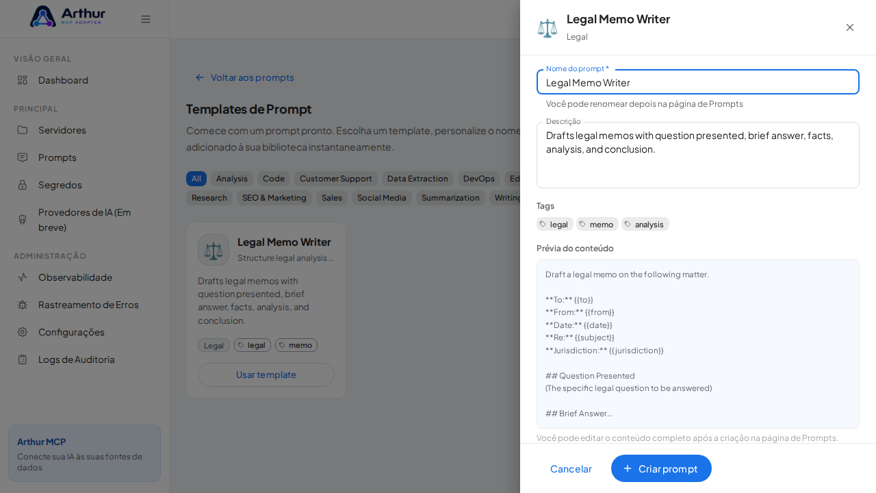 Abra o template Legal Memo Writer com nome e prévia de conteúdo preenchidos