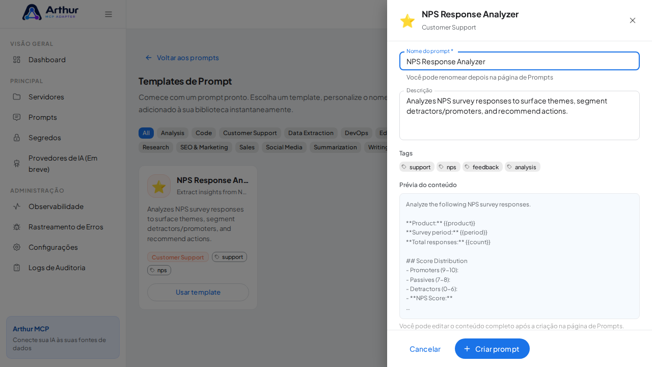 Abra o template NPS Response Analyzer com nome e prévia de conteúdo preenchidos
