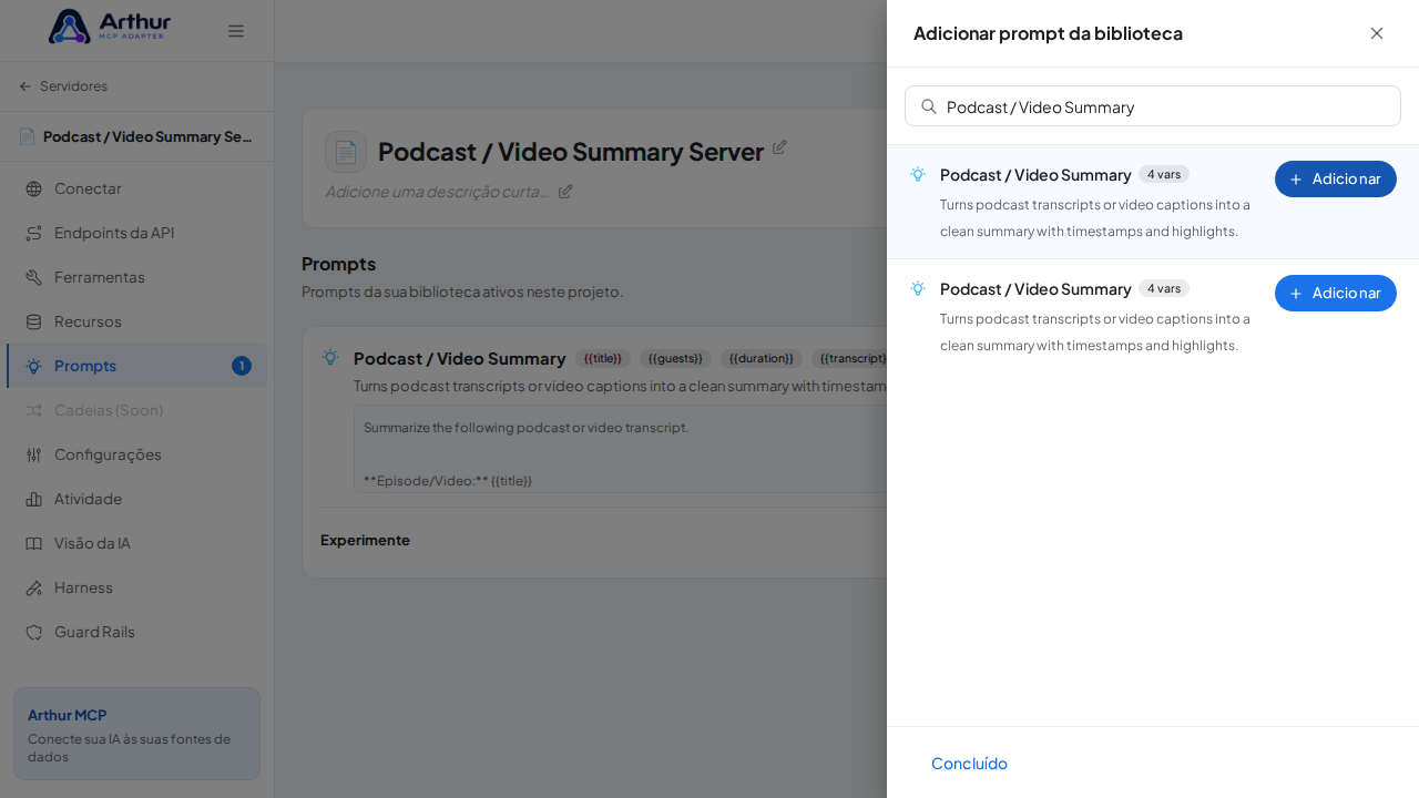 Vincule o prompt Podcast / Video Summary ao servidor