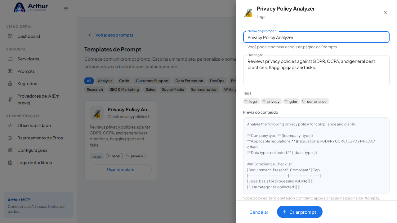 Abra o template Privacy Policy Analyzer com nome e prévia de conteúdo preenchidos