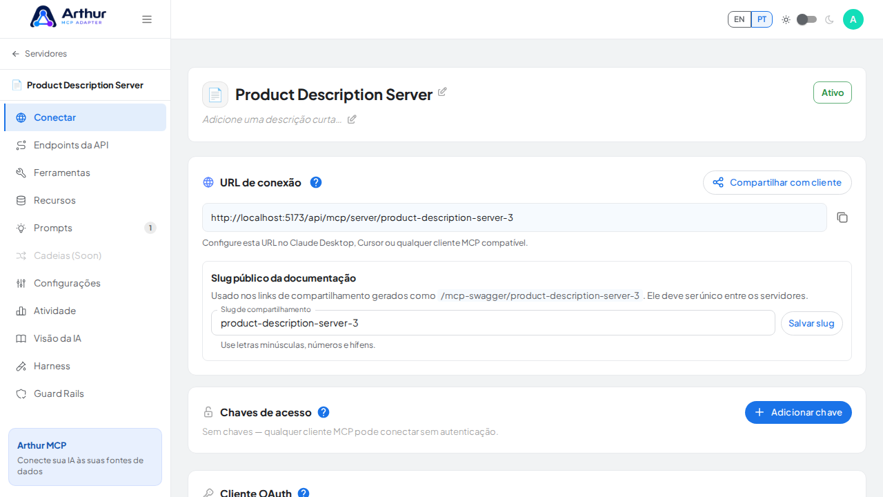 Abra a seção Conectar do servidor, onde ficam o endpoint MCP e sua documentação