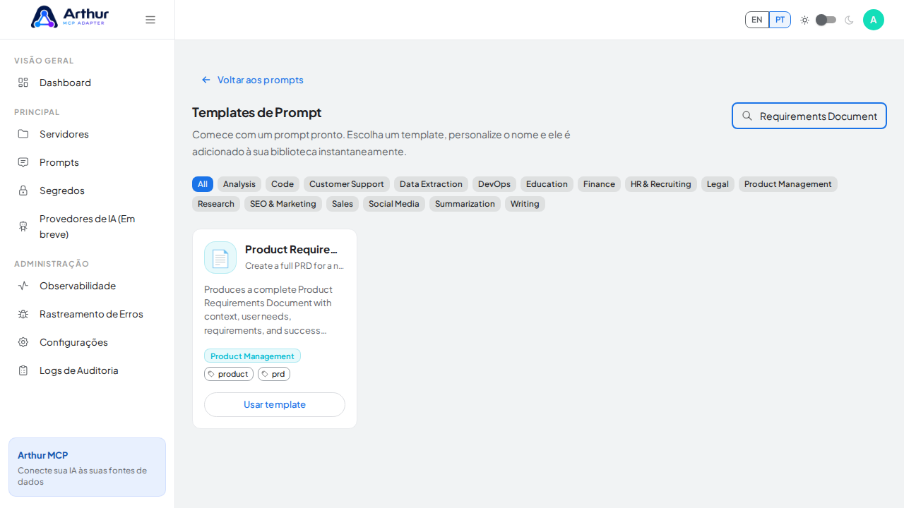Pesquise o template Product Requirements Document no catálogo