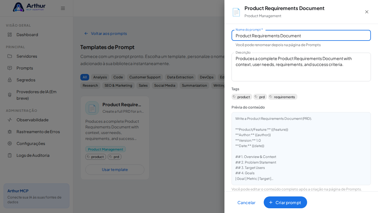 Abra o template Product Requirements Document com nome e prévia de conteúdo preenchidos