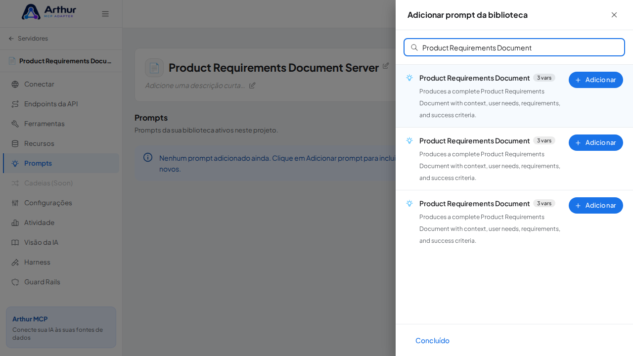 Pesquise o prompt Product Requirements Document na biblioteca