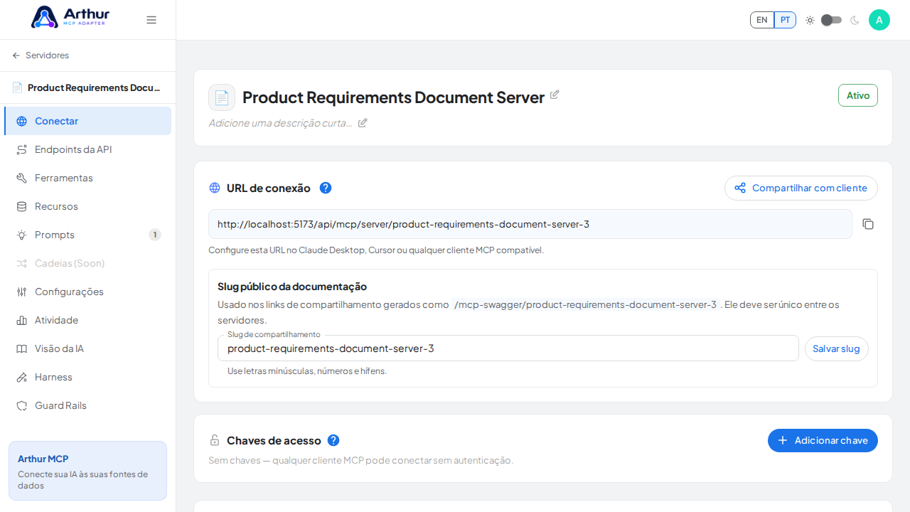 Abra a seção Conectar do servidor, onde ficam o endpoint MCP e sua documentação
