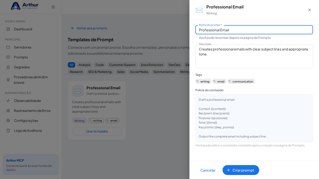 Abra o template Professional Email com nome e prévia de conteúdo preenchidos