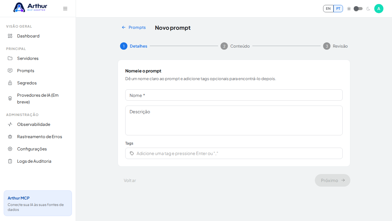 Abra o assistente de criação de prompt