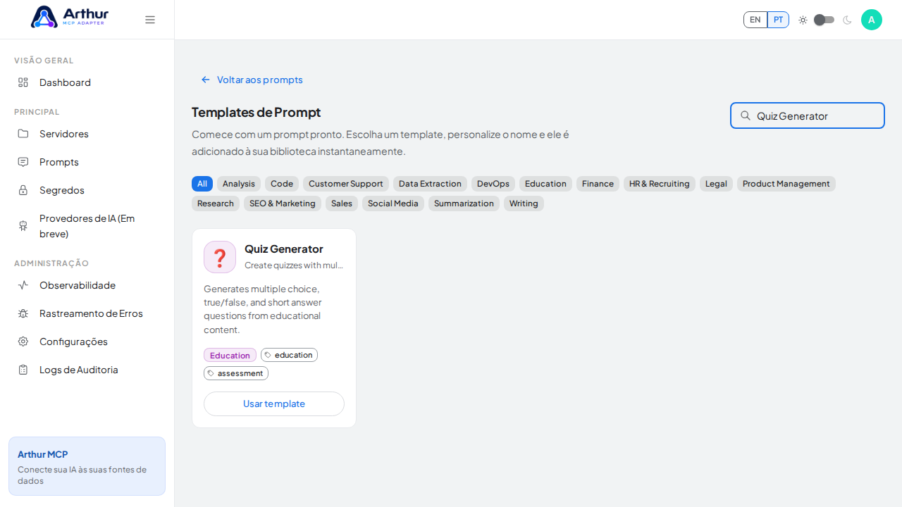 Pesquise o template Quiz Generator no catálogo