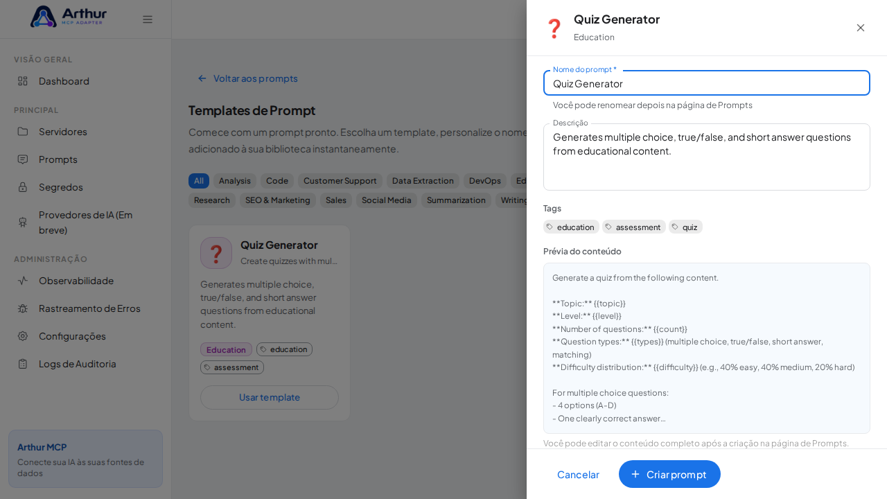 Abra o template Quiz Generator com nome e prévia de conteúdo preenchidos