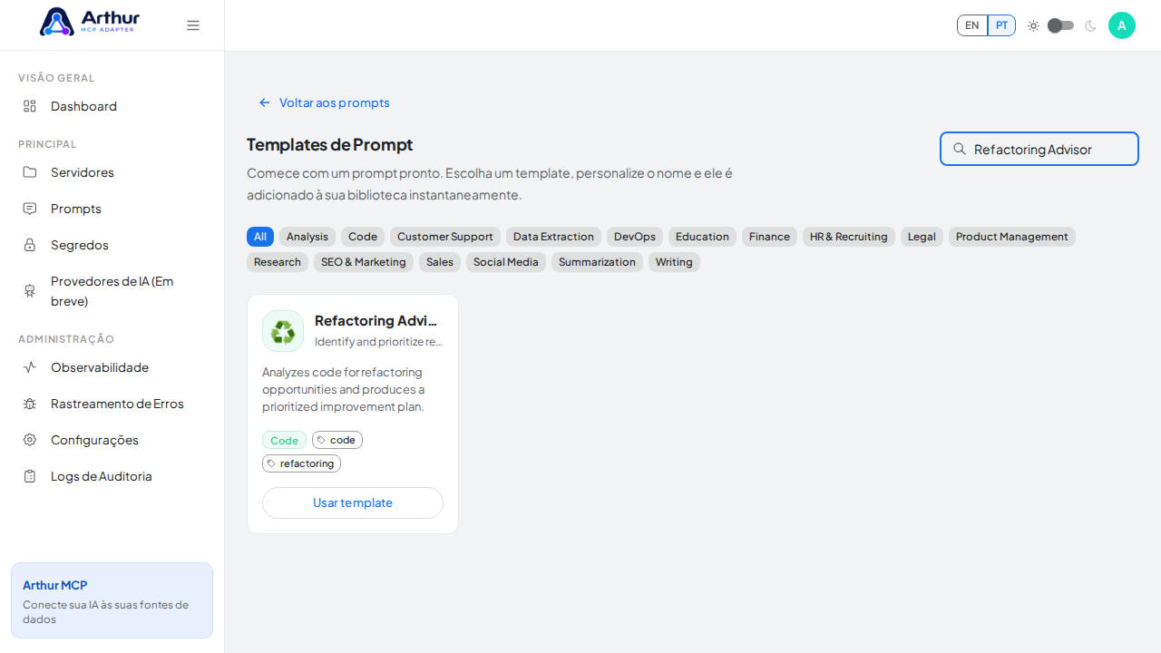 Pesquise o template Refactoring Advisor no catálogo