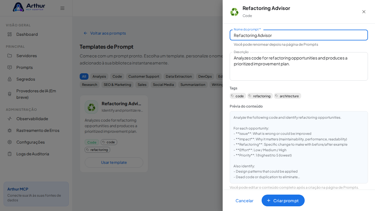Abra o template Refactoring Advisor com nome e prévia de conteúdo preenchidos