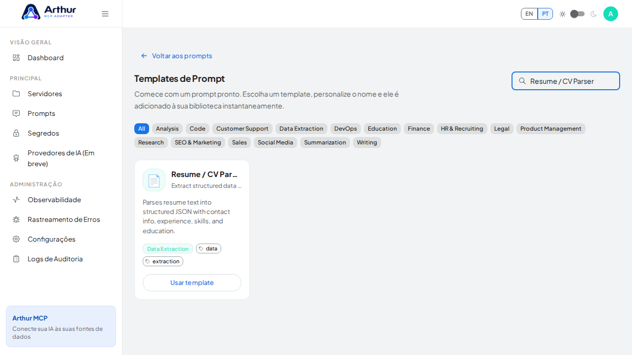 Pesquise o template Resume / CV Parser no catálogo