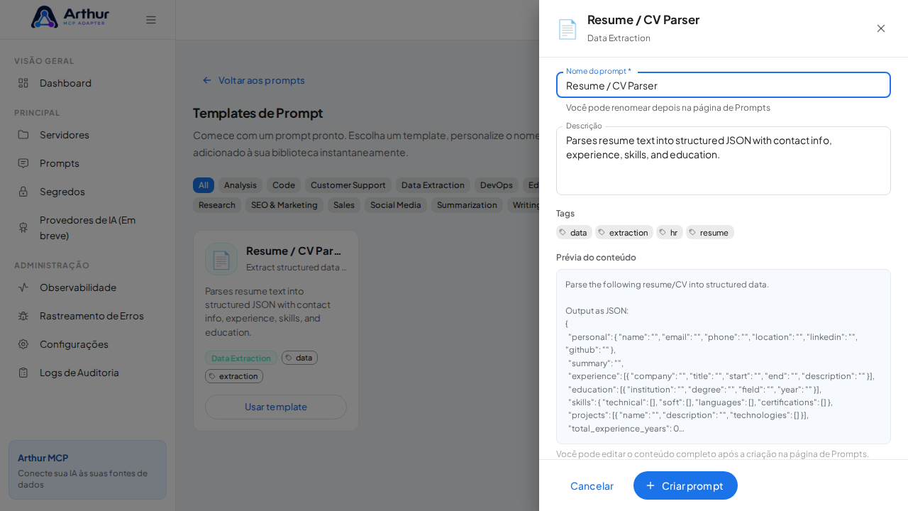 Abra o template Resume / CV Parser com nome e prévia de conteúdo preenchidos