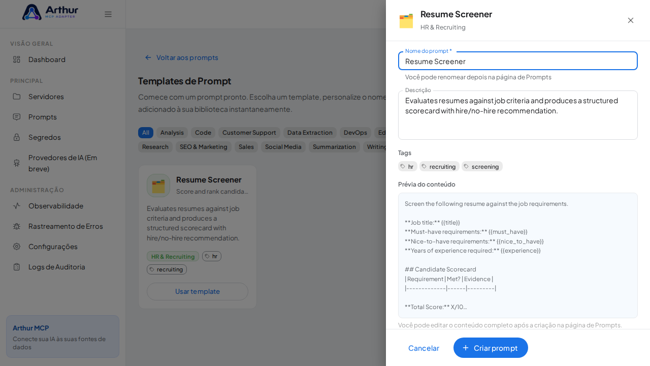 Abra o template Resume Screener com nome e prévia de conteúdo preenchidos