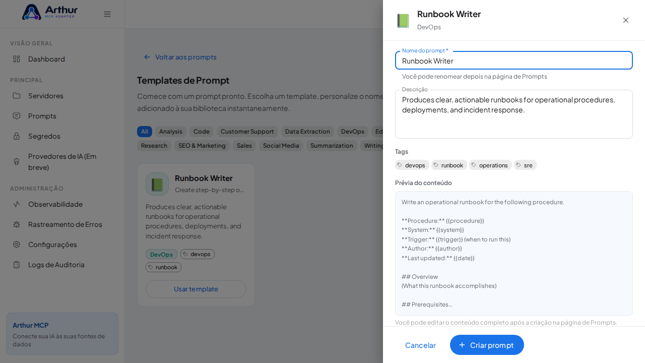 Abra o template Runbook Writer com nome e prévia de conteúdo preenchidos