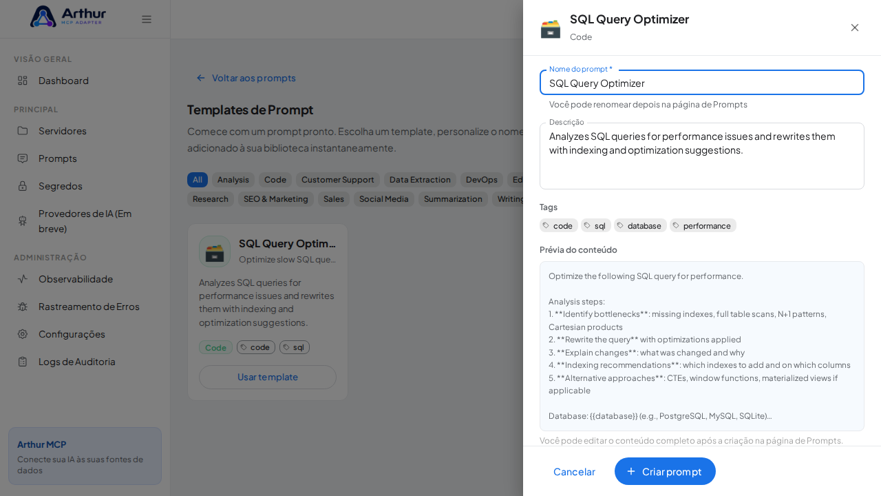 Abra o template SQL Query Optimizer com nome e prévia de conteúdo preenchidos