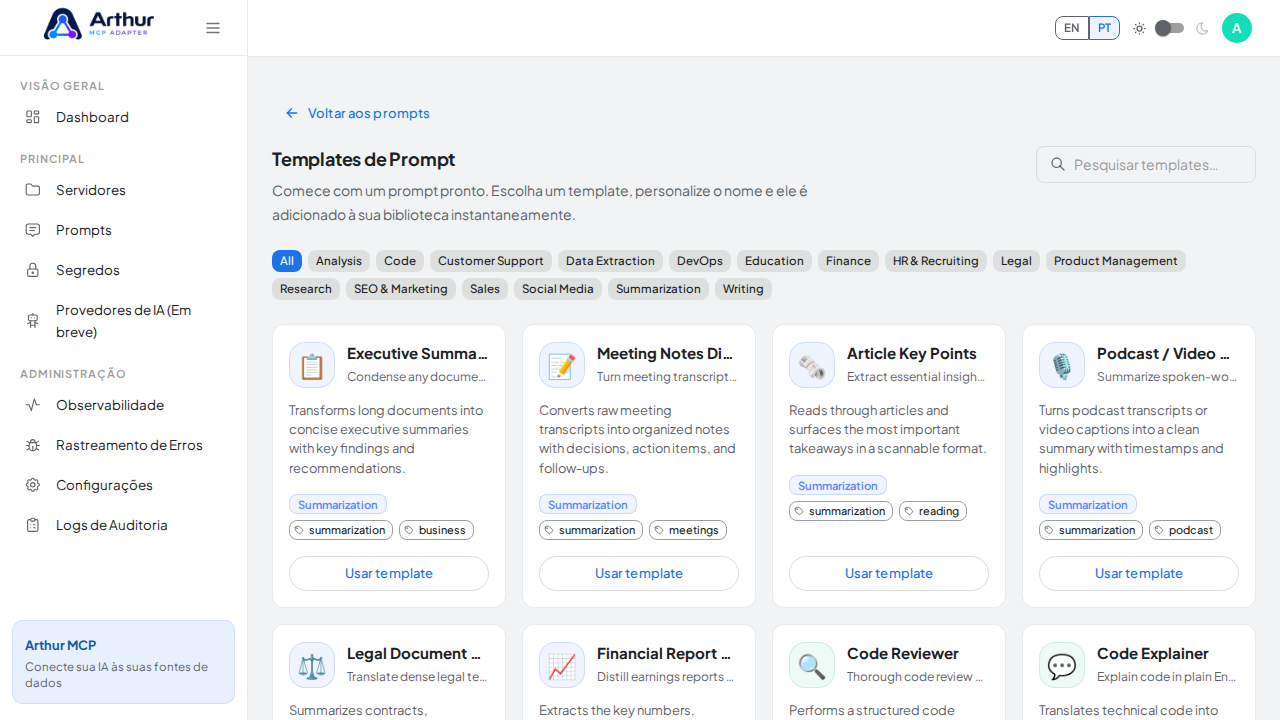 Abra o catálogo de Templates de Prompt