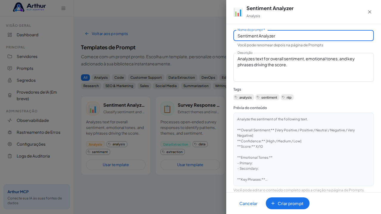Abra o template Sentiment Analyzer com nome e prévia de conteúdo preenchidos