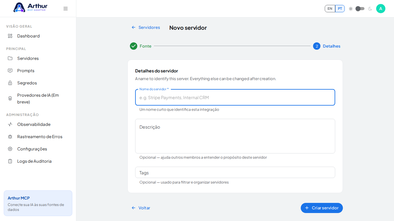 Avance para a etapa de detalhes do servidor