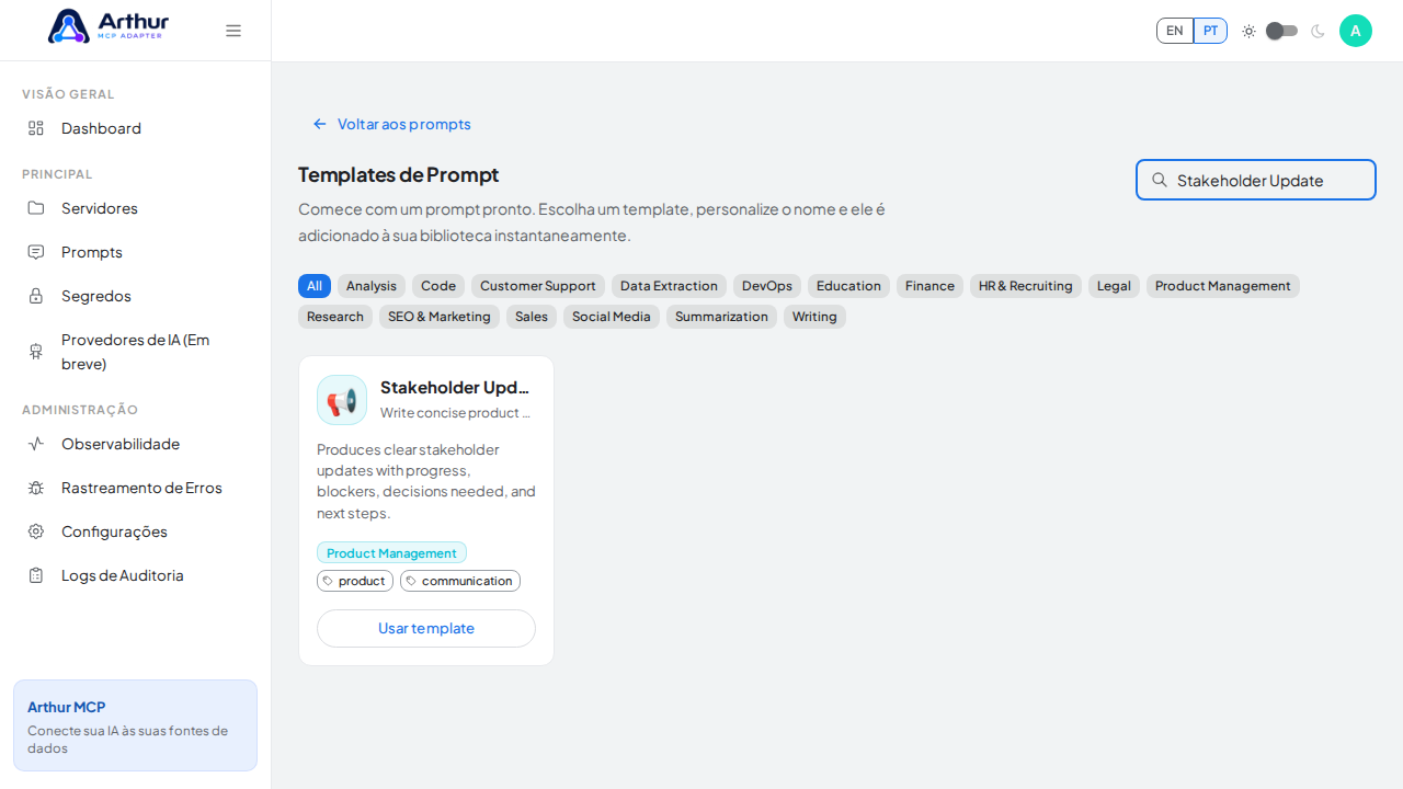 Pesquise o template Stakeholder Update no catálogo