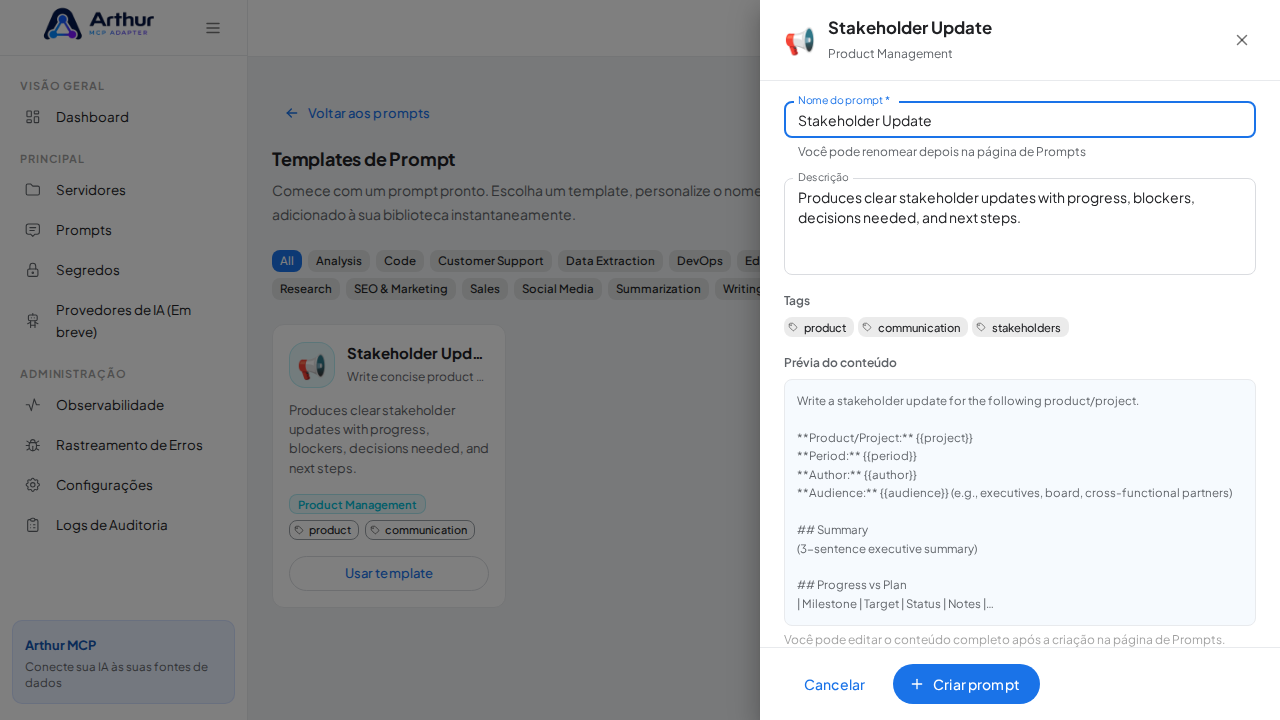 Abra o template Stakeholder Update com nome e prévia de conteúdo preenchidos