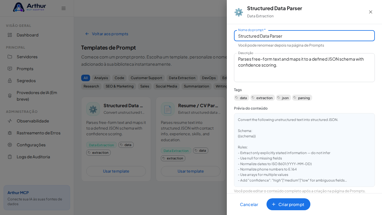 Abra o template Structured Data Parser com nome e prévia de conteúdo preenchidos