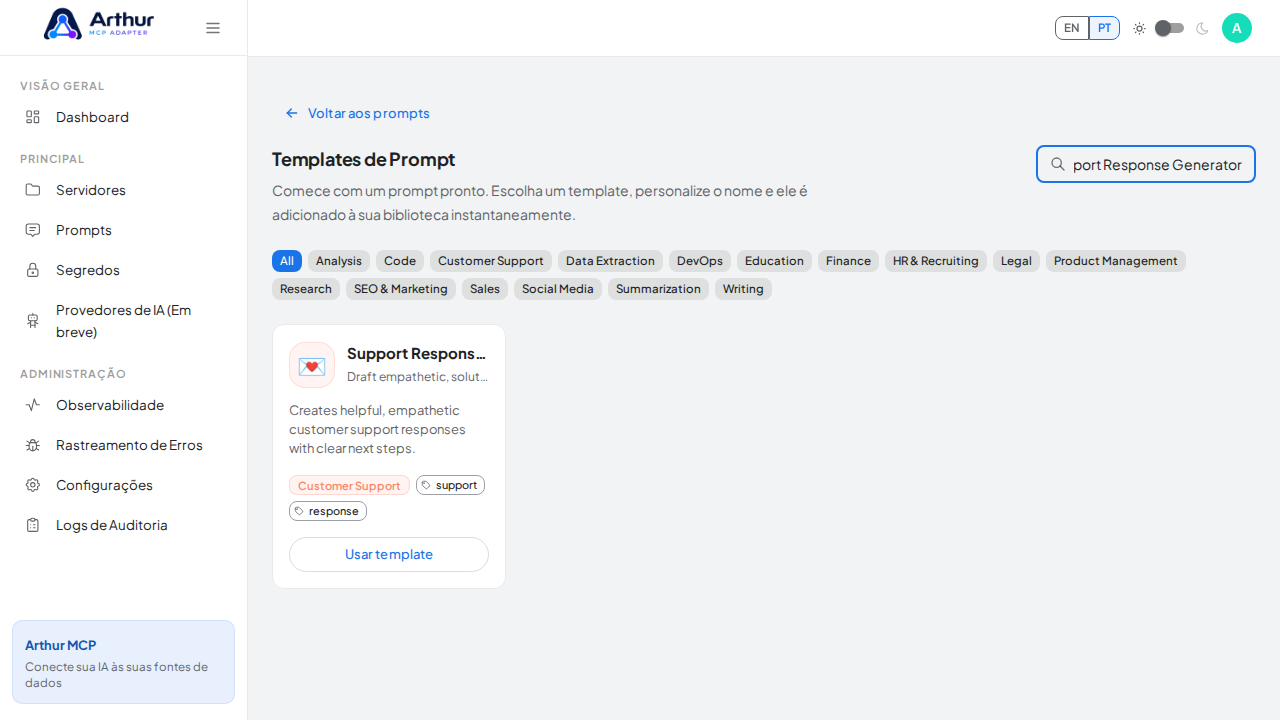 Pesquise o template Support Response Generator no catálogo