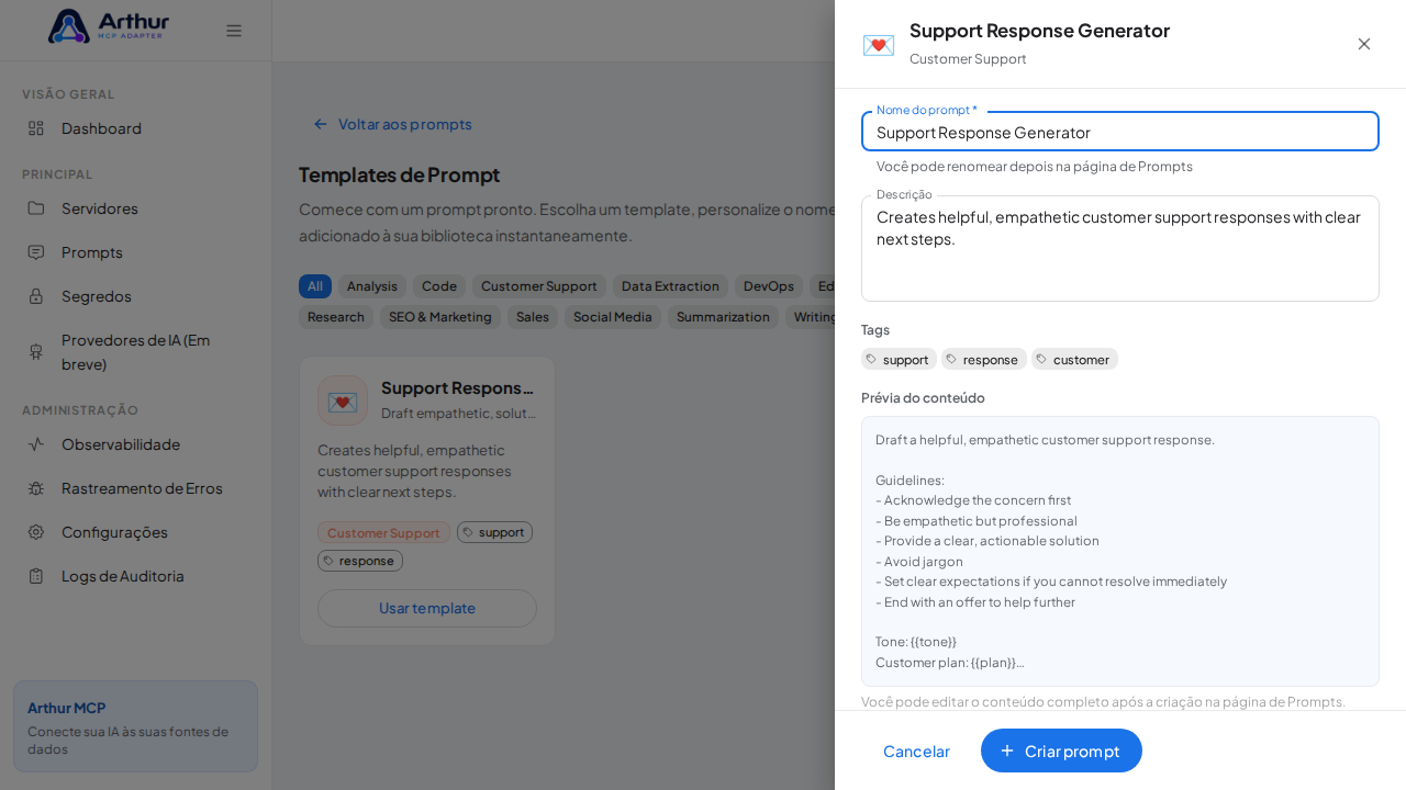 Abra o template Support Response Generator com nome e prévia de conteúdo preenchidos
