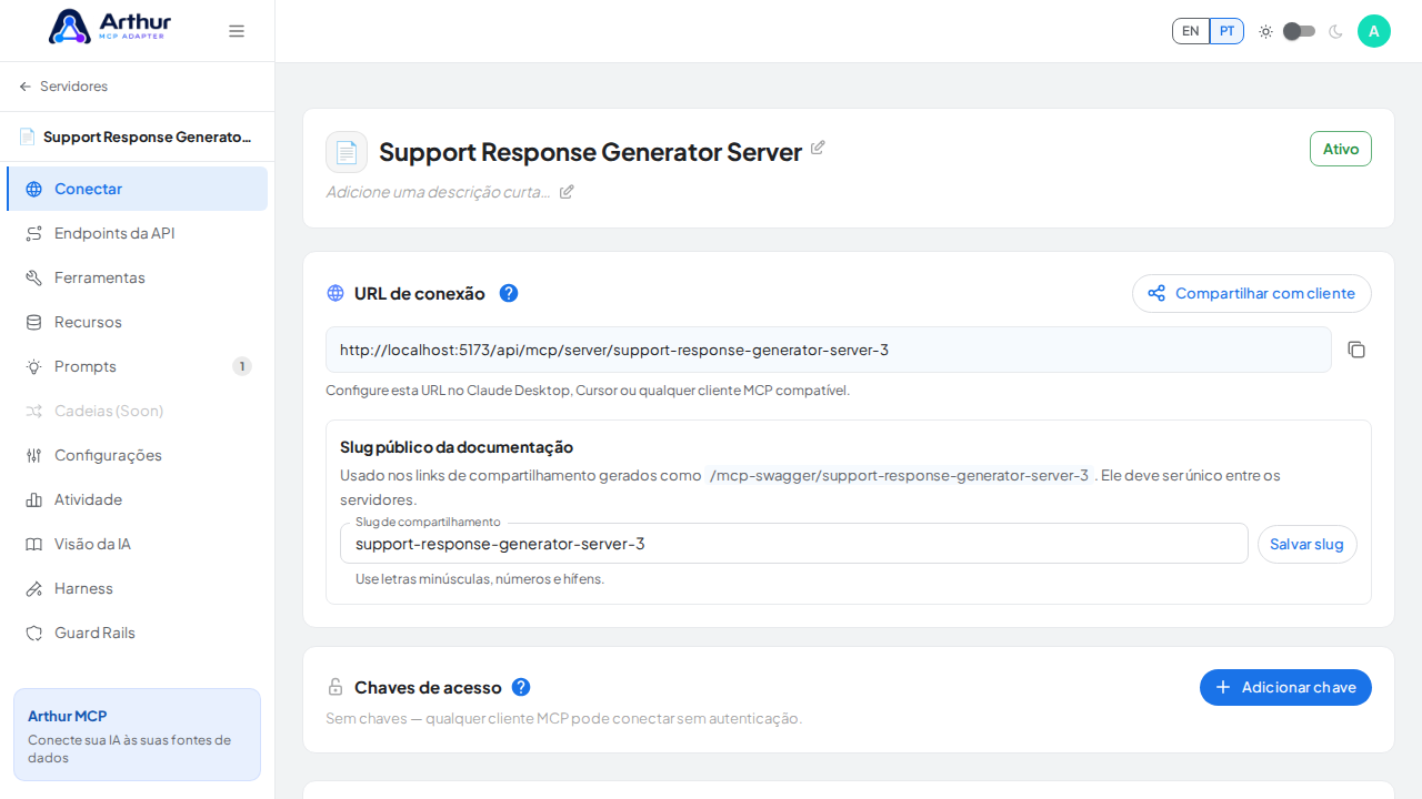 Abra a seção Conectar do servidor, onde ficam o endpoint MCP e sua documentação