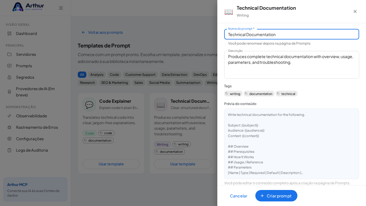 Abra o template Technical Documentation com nome e prévia de conteúdo preenchidos