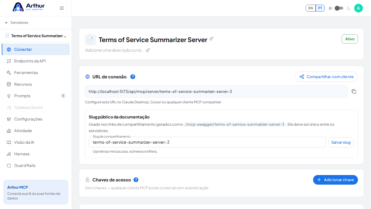 Abra a seção Conectar do servidor, onde ficam o endpoint MCP e sua documentação
