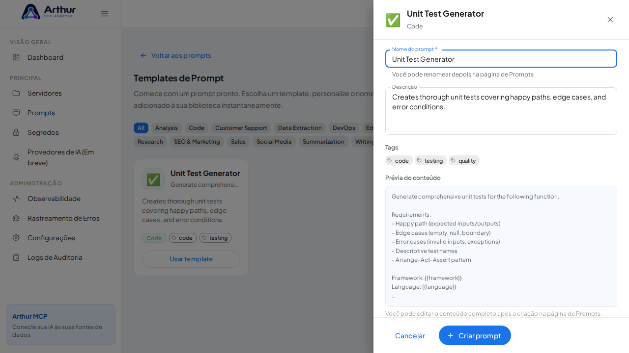 Abra o template Unit Test Generator com nome e prévia de conteúdo preenchidos