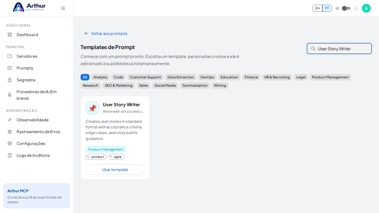 Pesquise o template User Story Writer no catálogo