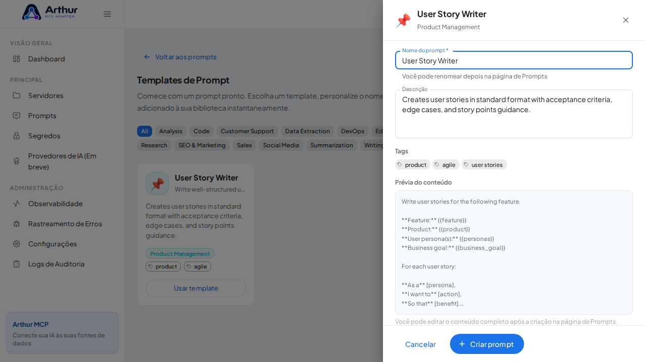 Abra o template User Story Writer com nome e prévia de conteúdo preenchidos