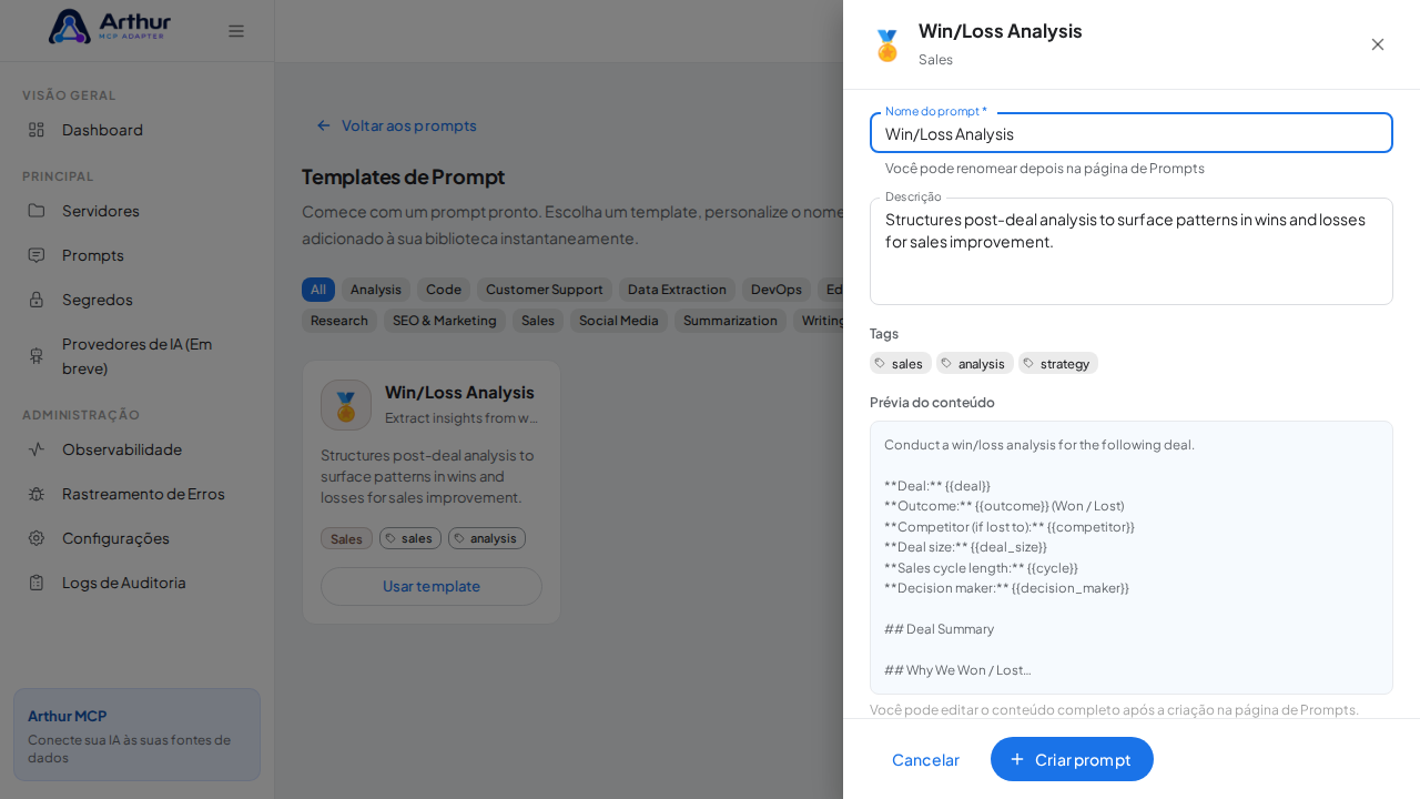 Abra o template Win/Loss Analysis com nome e prévia de conteúdo preenchidos