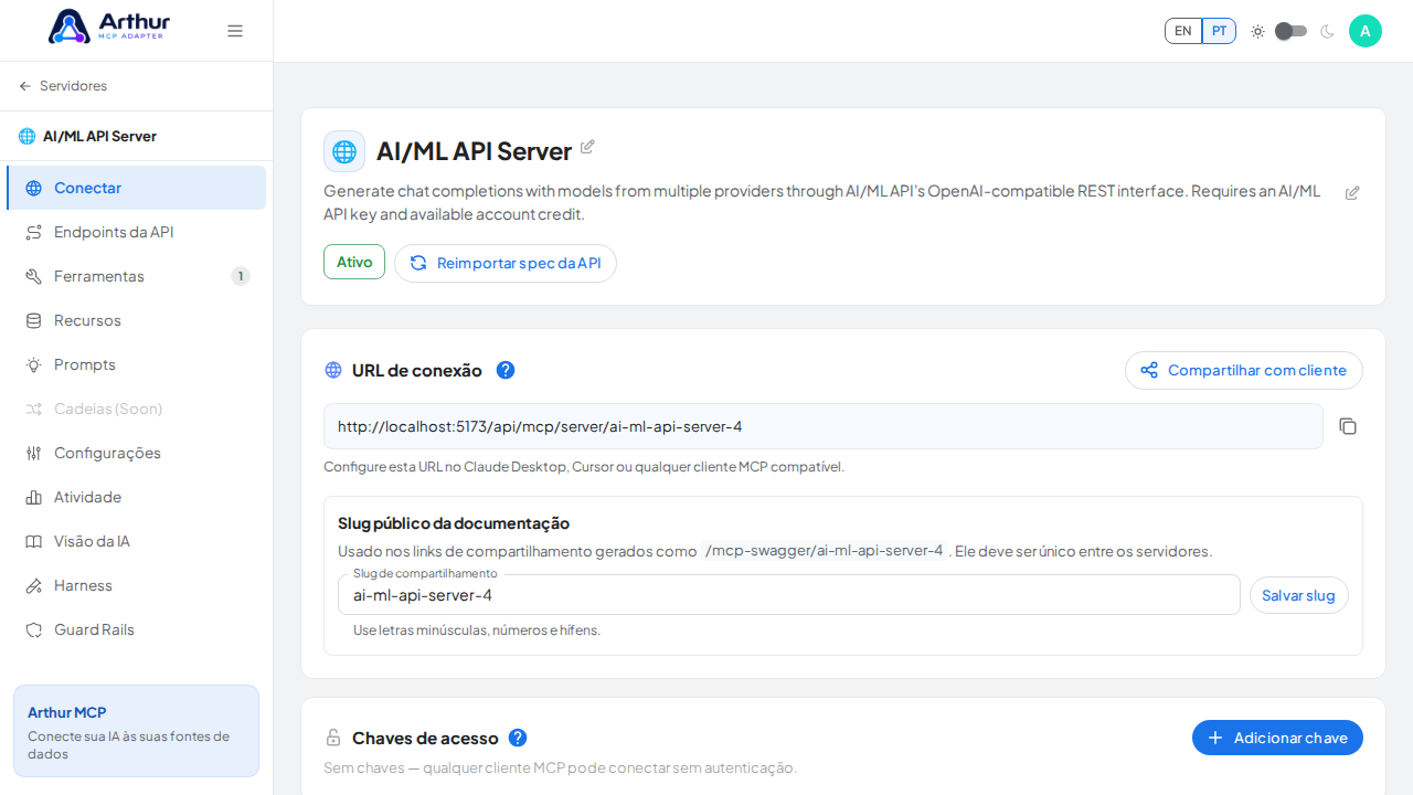 Abra a seção Conectar do servidor, onde ficam o endpoint MCP e sua documentação