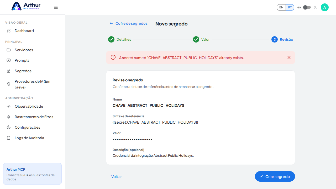 Armazene o segredo CHAVEABSTRACTPUBLICHOLIDAYS no cofre