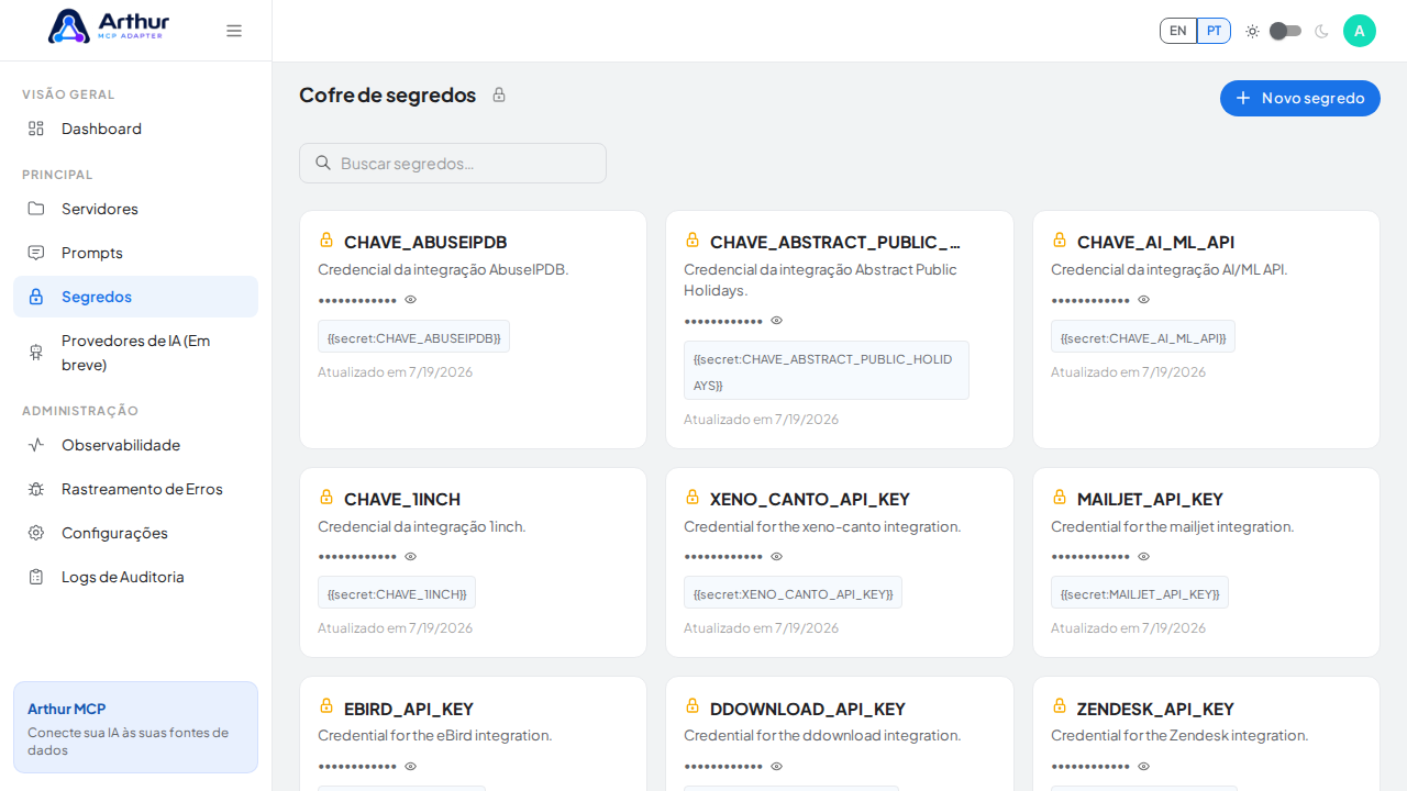 Abra o Cofre de segredos para guardar a credencial do Airtable antes de usar o template