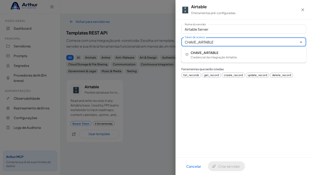 Escolha o segredo CHAVEAIRTABLE nas sugestões do cofre