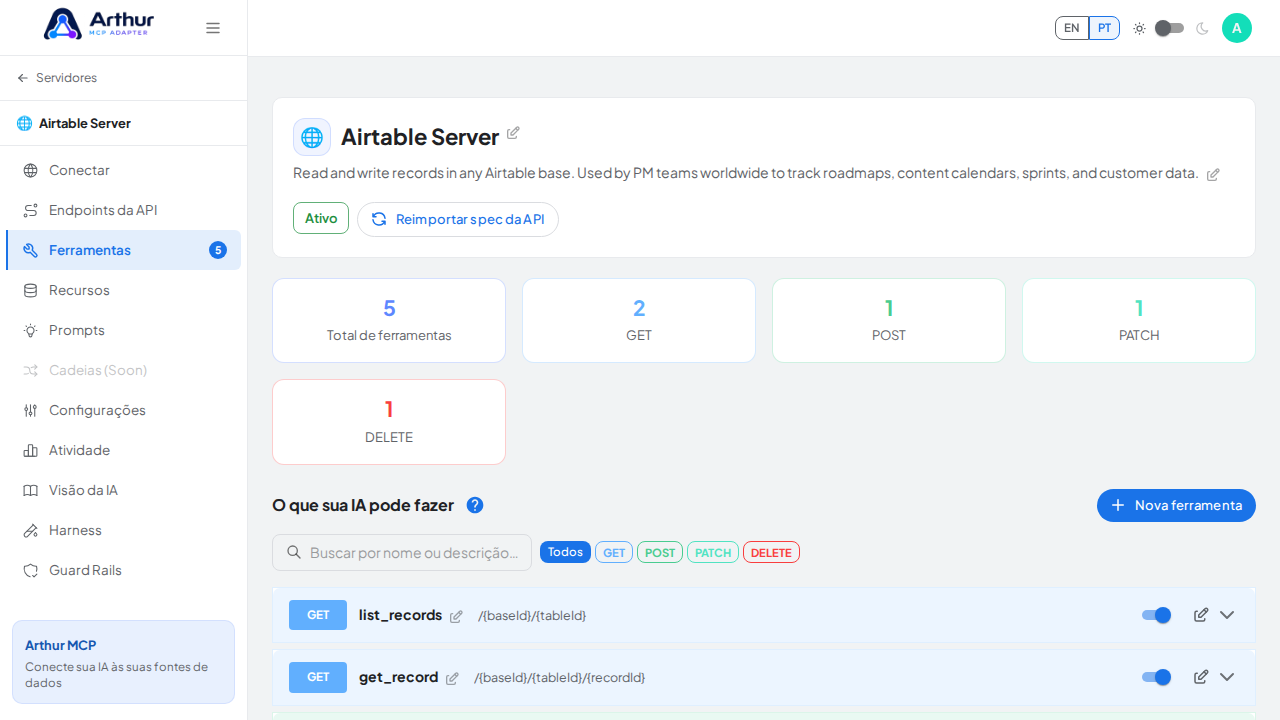 Revise as ferramentas geradas a partir do template Airtable