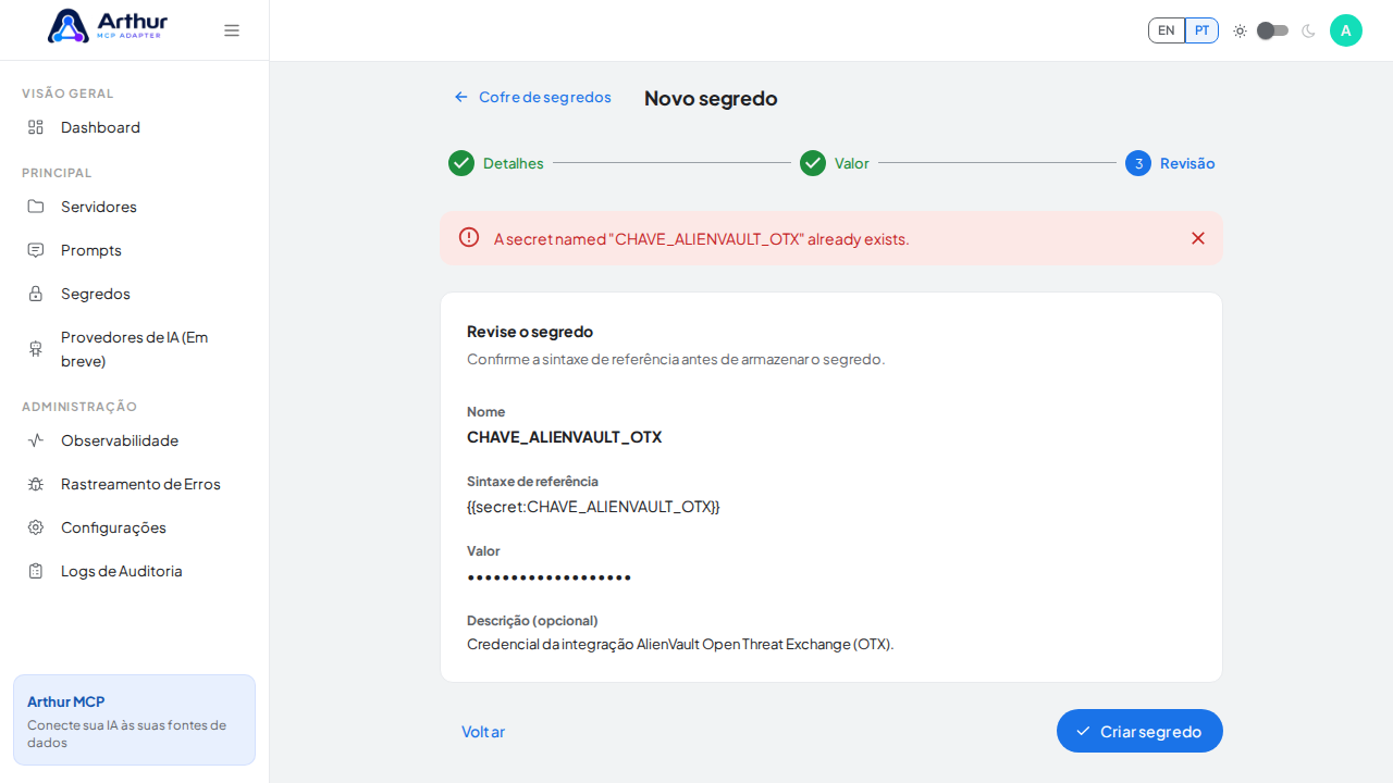 Armazene o segredo CHAVEALIENVAULTOTX no cofre