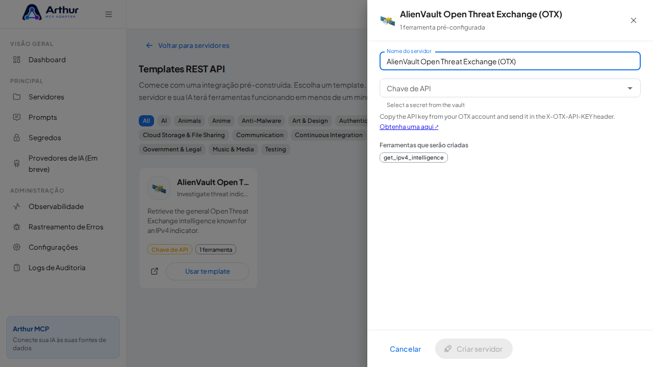 Abra o template AlienVault Open Threat Exchange (OTX) com suas ferramentas pré-configuradas