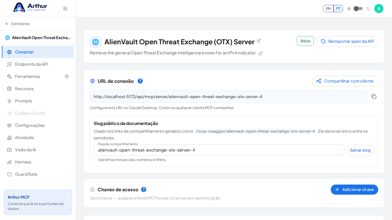 Abra a seção Conectar do servidor, onde ficam o endpoint MCP e sua documentação