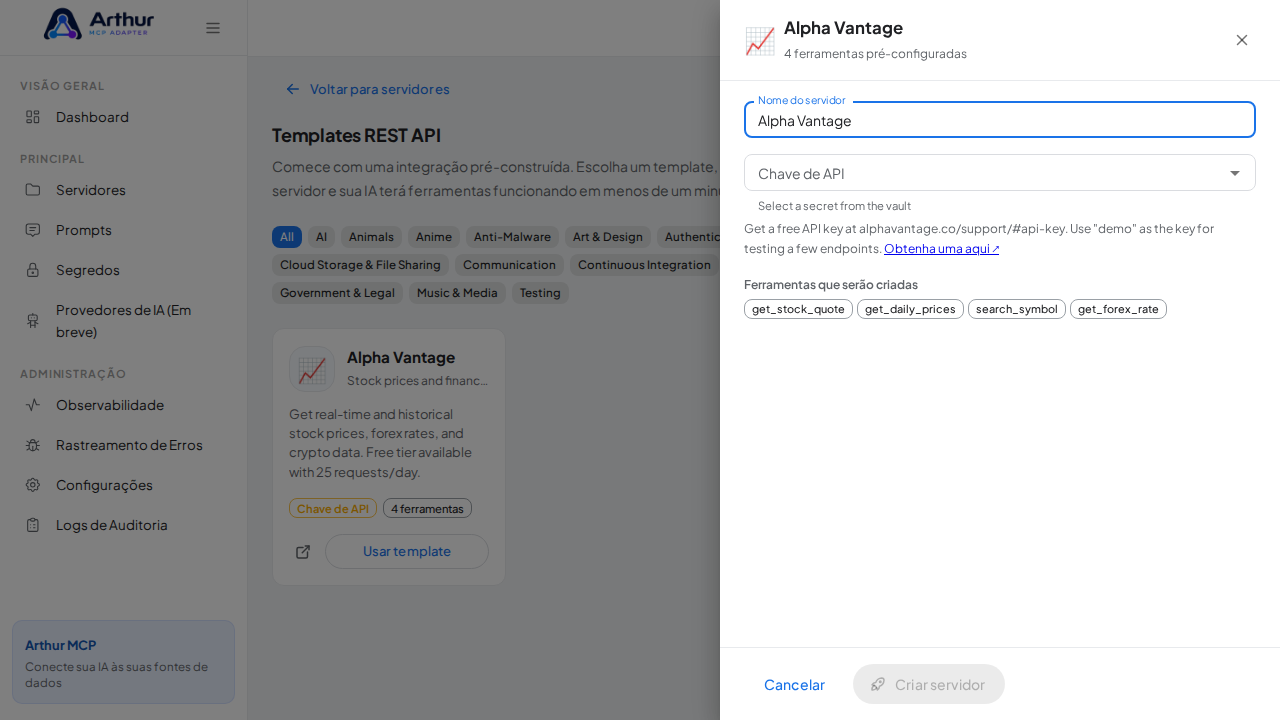 Abra o template Alpha Vantage com suas ferramentas pré-configuradas