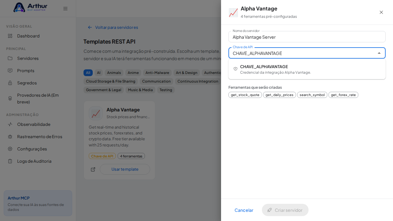 Escolha o segredo CHAVEALPHAVANTAGE nas sugestões do cofre