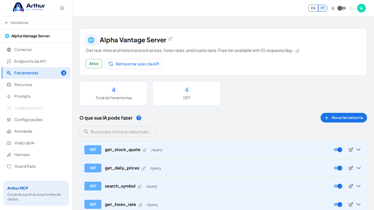 Revise as ferramentas geradas a partir do template Alpha Vantage