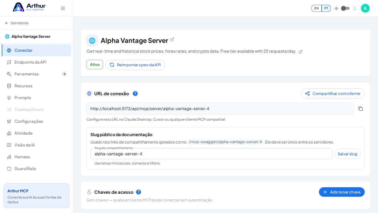Abra a seção Conectar do servidor, onde ficam o endpoint MCP e sua documentação