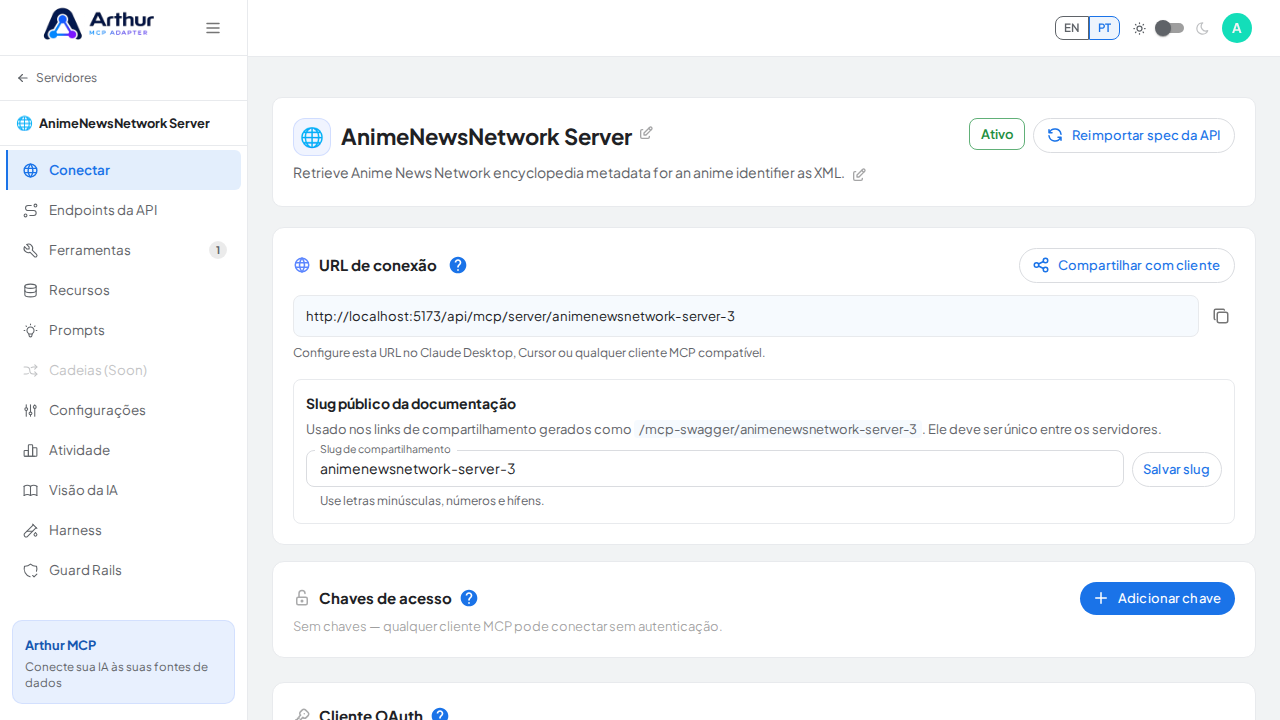Abra a seção Conectar do servidor, onde ficam o endpoint MCP e sua documentação