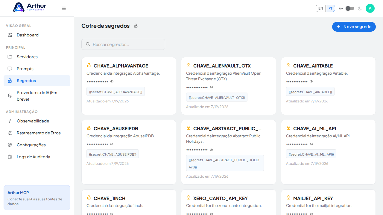Abra o Cofre de segredos para guardar a credencial do Anthropic (Claude) antes de usar o template
