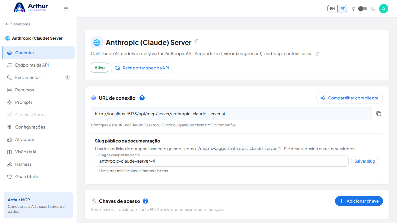 Abra a seção Conectar do servidor, onde ficam o endpoint MCP e sua documentação